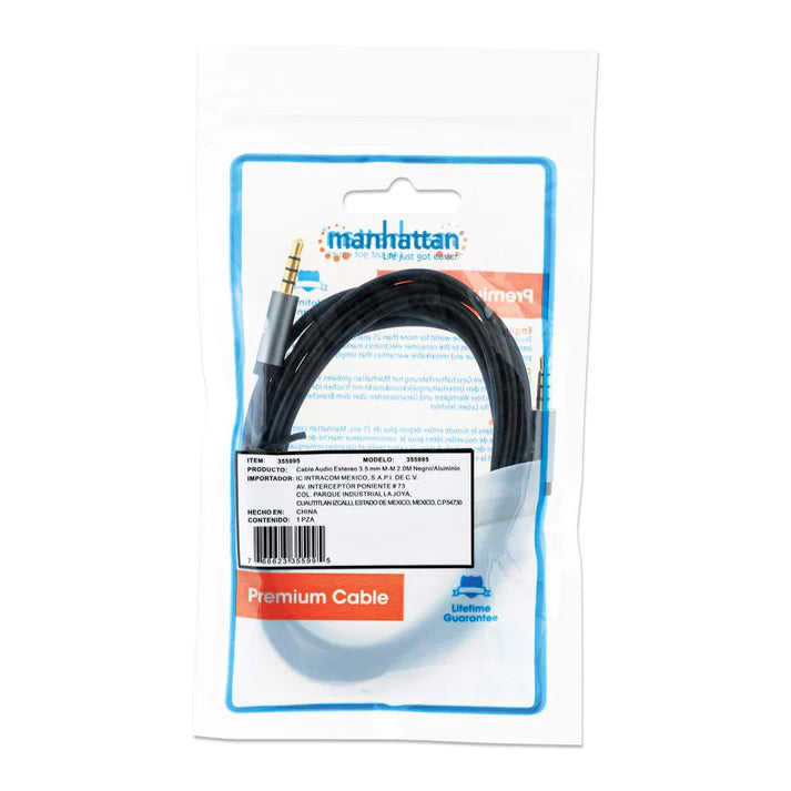 Cable Audio,manhattan,355995, Estereo 3.5mm M-m 2.0m Negro/aluminio Plateado
