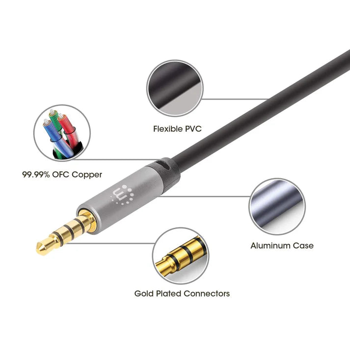 Cable Audio Estereo, Manhattan,356008, 3.5mm M-m 3.0m Negro/aluminio Plateado