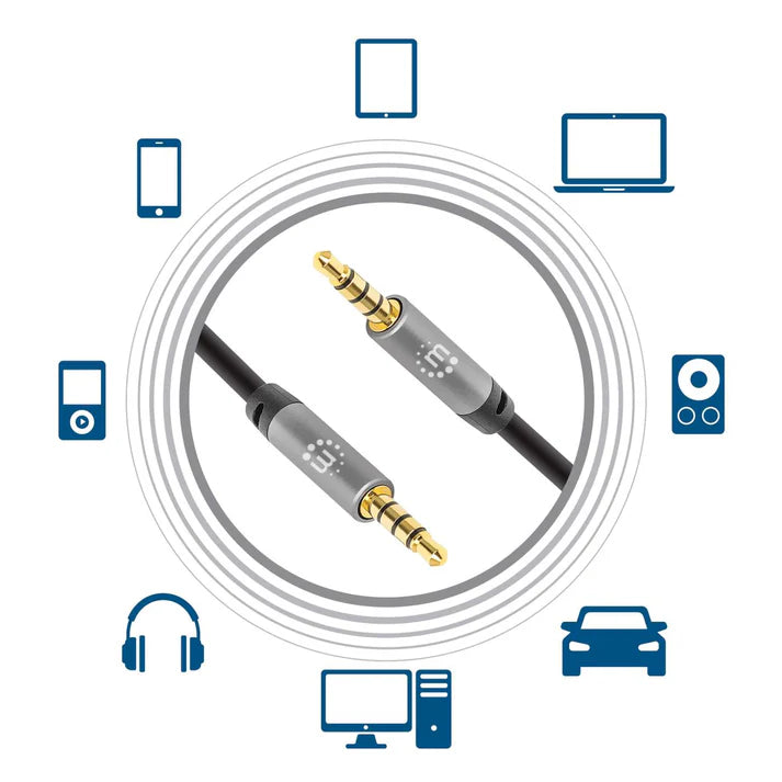 Cable Audio Estereo, Manhattan,356008, 3.5mm M-m 3.0m Negro/aluminio Plateado