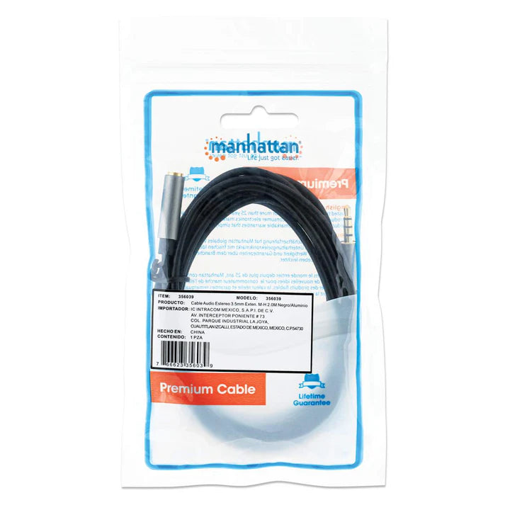 Cable Audio Estereo, Manhattan,  356039, 3.5mm Exten. M-h 2.0m Negro/aluminio Plateado
