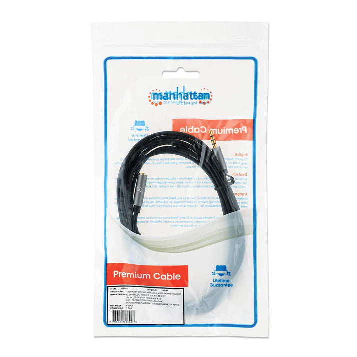 Cable Audio Estereo, Manhattan, 356046, 3.5mm Exten. M-h 3.0m Negro/aluminio Plateado