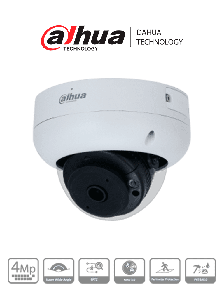 Camara Ip/ Dahua/ Ipc-hdbw3441r-as-p/ Domo AntivandÁlica 4 Mp/ Lente 2.1 Mm/  And #8738; 180°/ Ir 15 Mts/ Ia Wizsense/ Det. De Mov. Int./ Prot. Perimetral / Starlight / Poe / Wdr / H.265+ / Ip67 / Ik10 M
