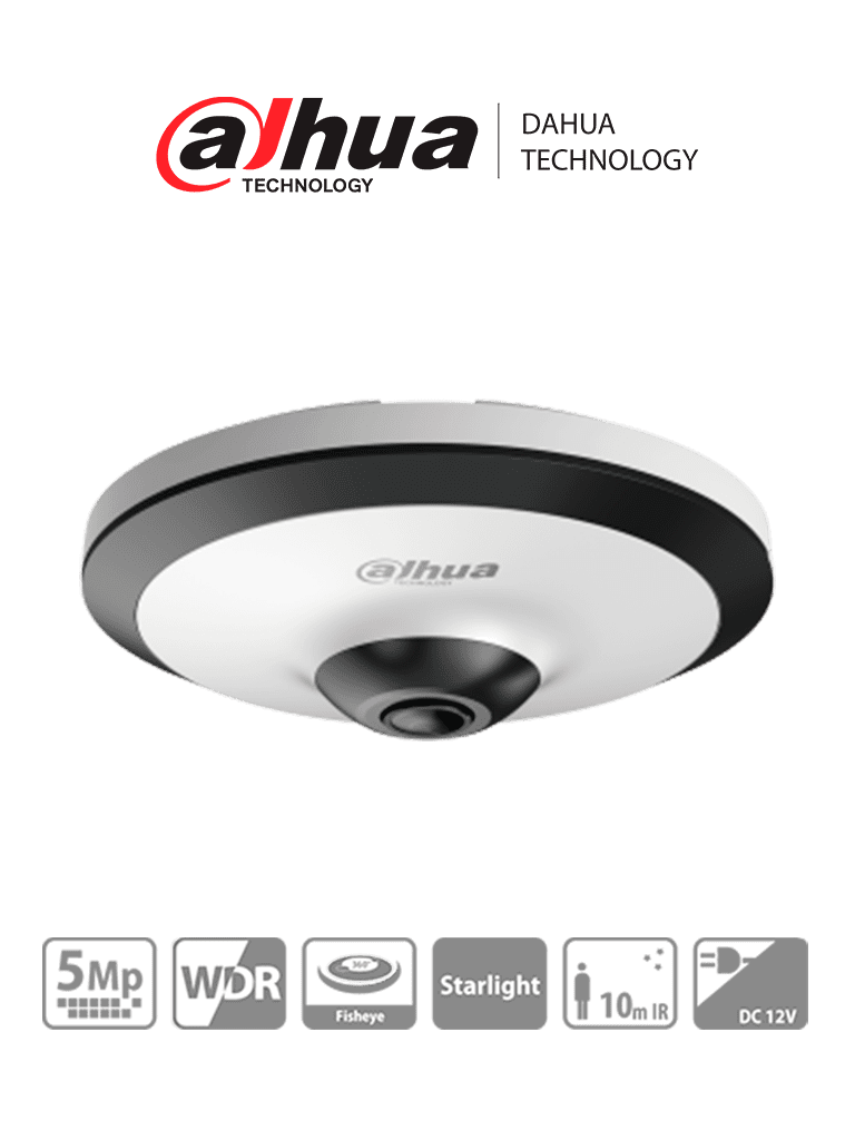 Camara Analoga/ Dahua/ Dh-hac-ew2501n/ Fisheye Hdcvi 5 Mp, Vision 360°, Ir 10 M, Wdr Real 120db, Microfono Integrado/ Interior Con Tecnologia Starlight Para Baja Luz Y Reduccion De Ruido 2d/3d