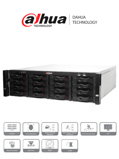 Nvr Dahua 128 Canales Ip 4k / H265/ 2 Hdmii/ 16 Interfaz Sata / Rendimiento 384mbps/ Raid/ Iscsi/ Ivs/ Smart Track