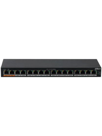 Switch Poe/ Dahua/ Dh-pfs3016-16gt-190/ 16 Pto Poe Gigabit/ 190 Watts Totales/ Los 2 Pto Naranjas Soportan Hi-poe Estandar/ Switching 32 Gbps/ Tasa De Reenvio De Paquetes 23.808 Mbps/ Proteccion Cont
