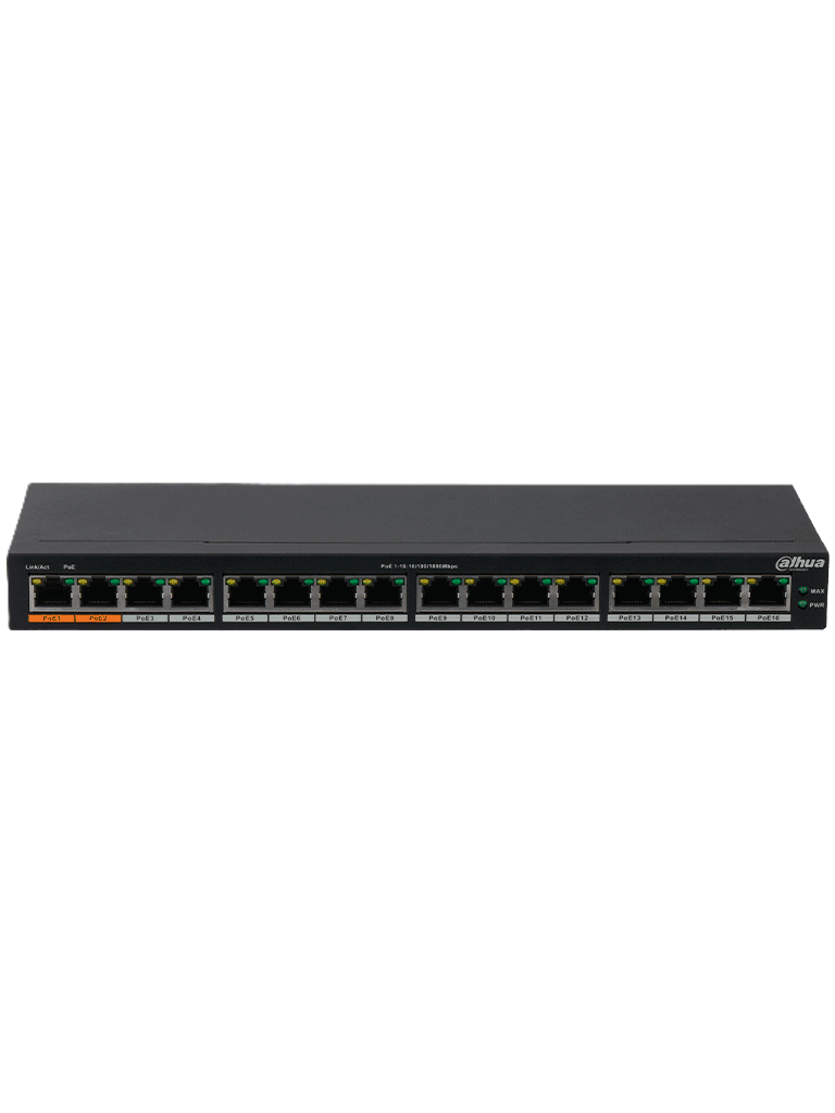Switch Poe/ Dahua/ Dh-pfs3016-16gt-190/ 16 Pto Poe Gigabit/ 190 Watts Totales/ Los 2 Pto Naranjas Soportan Hi-poe Estandar/ Switching 32 Gbps/ Tasa De Reenvio De Paquetes 23.808 Mbps/ Proteccion Cont