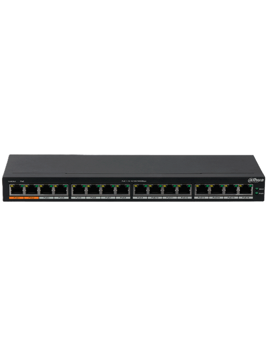 Switch Poe/ Dahua/ Dh-pfs3016-16gt-190/ 16 Pto Poe Gigabit/ 190 Watts Totales/ Los 2 Pto Naranjas Soportan Hi-poe Estandar/ Switching 32 Gbps/ Tasa De Reenvio De Paquetes 23.808 Mbps/ Proteccion Cont