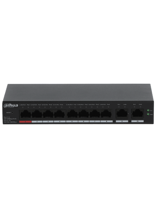 Switch/ Dahua/ Cs4010-8et-110/10 Puertos (8 Puertos Poe 10/100/ 2 Puertos Uplink 10/100/1000/ 110 Watts Totales)administrable En La Nube Por Dolynk Care/poe 250 Metros/carcasa Metalica/switching 5.6