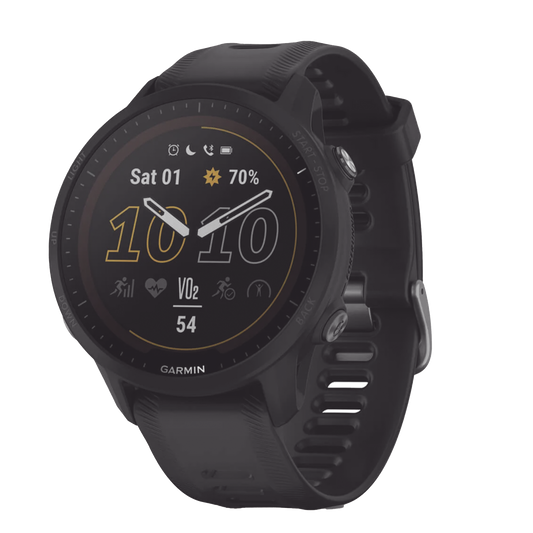 Reloj Garmin Forerunner 955 solar color negro en correa de silicón, con funciones premium de entrenamiento.