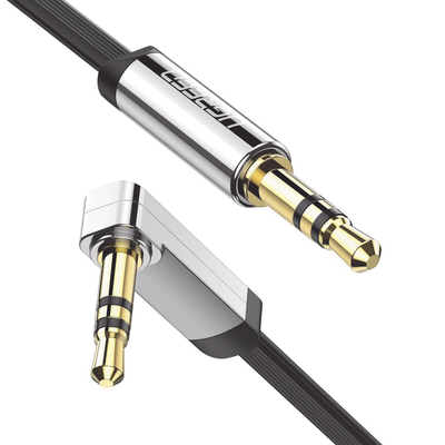 Cable Auxiliar Plano 2 Metros / Conector 3.5mm A 3.5mm / Macho-macho / Recto A Angulo / Ángulo De 90° En Una De Sus Puntas / Color Negro