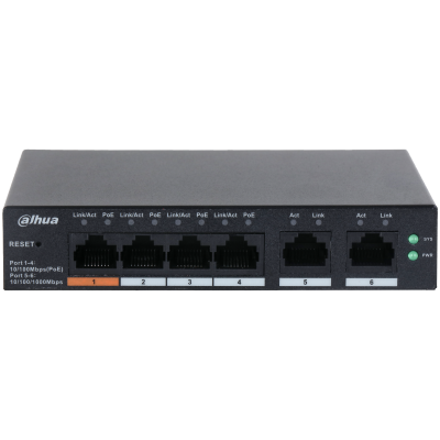 Switch/ Dahua/ Cs4006-4et-60/ Poe De 6 Ptos Administrable/ 4 Ptos Poe 10/100/ 2 Ptos Uplink 10/100/1000/ 60 Watts Totales/ Administrable En La Nube/ Poe Hasta 250 Metros/ Carcasa Metalica/ Switching