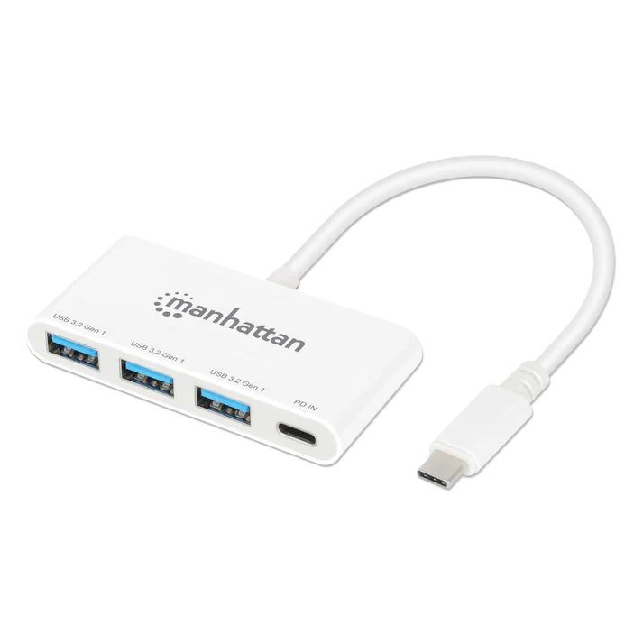 Hub Usb-c,manhattan,168434, 3 Ptos A + 1 Pto C Pd, 5gbps, Blanco