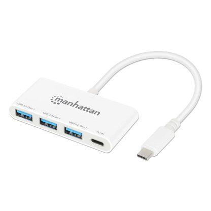 Hub Usb-c,manhattan,168434, 3 Ptos A + 1 Pto C Pd, 5gbps, Blanco