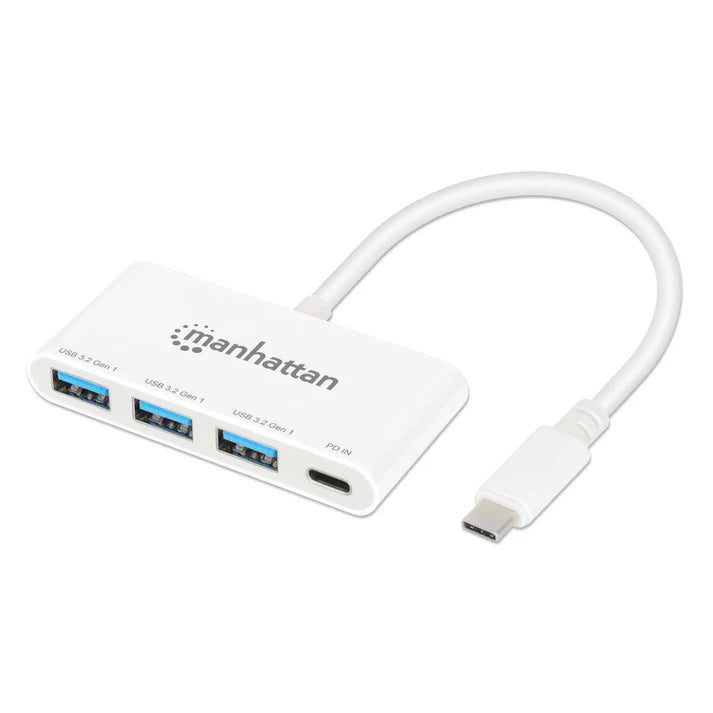 Hub Usb-c,manhattan,168434, 3 Ptos A + 1 Pto C Pd, 5gbps, Blanco