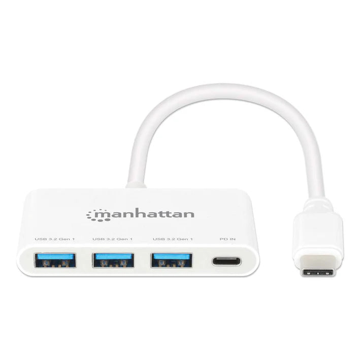 Hub Usb-c,manhattan,168434, 3 Ptos A + 1 Pto C Pd, 5gbps, Blanco