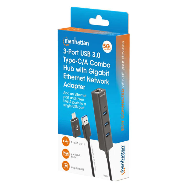 Adaptador De Red,manhattan,180894, Gb Usb A/c +hub 3 Ptos V3.0