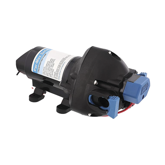 Bomba controlada por presión Par Max 2 a 24 Vcd, caudal de 2 GPM, presión máxima 35 psi, para manguera de entrada con orificio de 13 mm (½”)