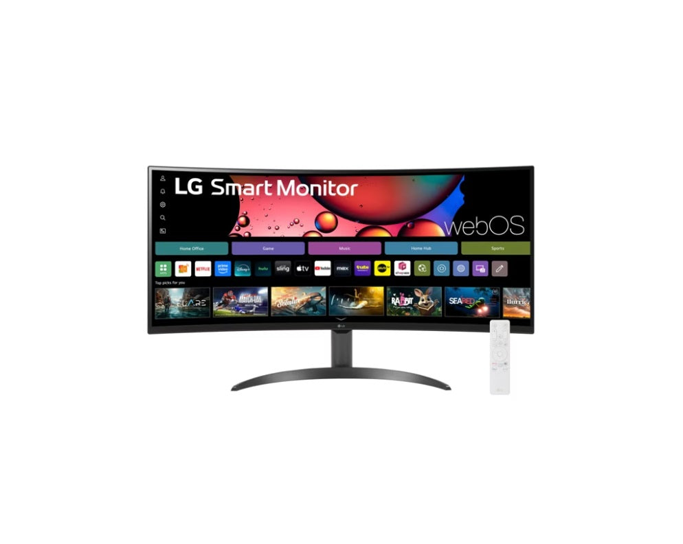 Monitor Lg Smart 34sr60qc-b Curvo Wqhd Webos 34 Pulg,panel Va,100hz,3440x1440,21:9,srgb 99%,1800r,300cd/m2,tr5ms,3000:1,hdr10,usb,hdmi,rj-45,bluetooth,altavoz 7wx2,airplay2,screen Share,vesa100x100