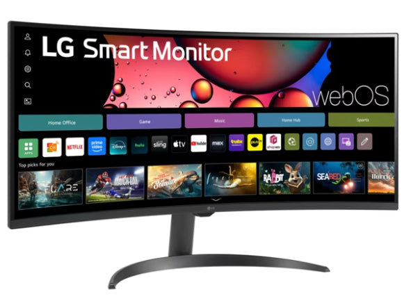 Monitor Lg Smart 34sr60qc-b Curvo Wqhd Webos 34 Pulg,panel Va,100hz,3440x1440,21:9,srgb 99%,1800r,300cd/m2,tr5ms,3000:1,hdr10,usb,hdmi,rj-45,bluetooth,altavoz 7wx2,airplay2,screen Share,vesa100x100