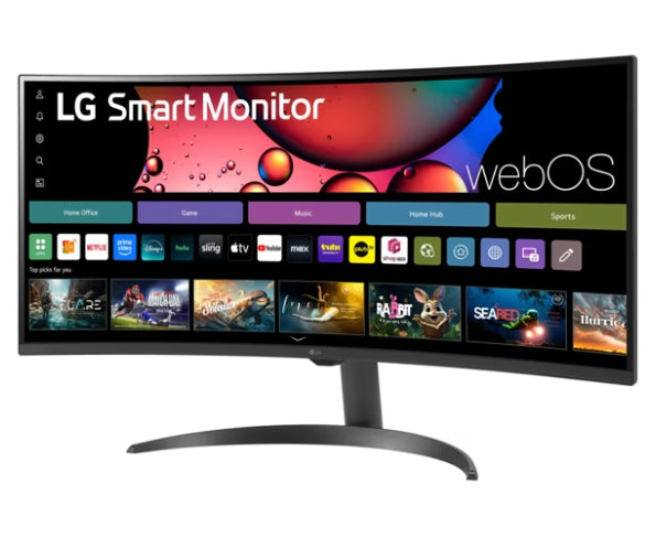 Monitor Lg Smart 34sr60qc-b Curvo Wqhd Webos 34 Pulg,panel Va,100hz,3440x1440,21:9,srgb 99%,1800r,300cd/m2,tr5ms,3000:1,hdr10,usb,hdmi,rj-45,bluetooth,altavoz 7wx2,airplay2,screen Share,vesa100x100