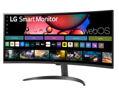 Monitor Lg Smart 34sr60qc-b Curvo Wqhd Webos 34 Pulg,panel Va,100hz,3440x1440,21:9,srgb 99%,1800r,300cd/m2,tr5ms,3000:1,hdr10,usb,hdmi,rj-45,bluetooth,altavoz 7wx2,airplay2,screen Share,vesa100x100