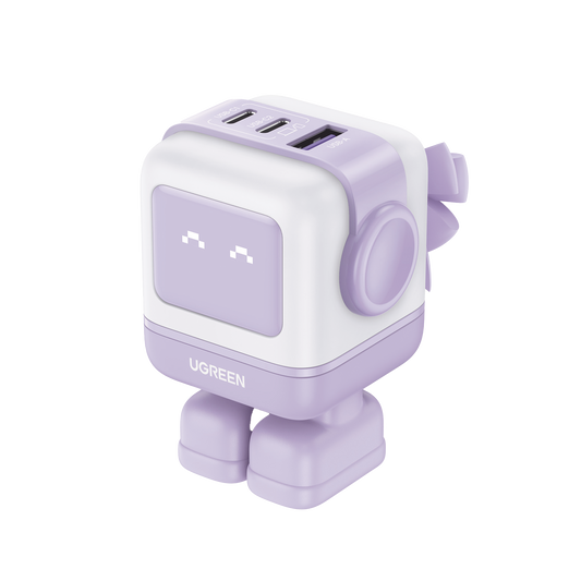 Cargador RobotGaN de 65W Serie UNO | 3 Puertos de Carga Rápida | 2 USB-C | 1 USB-A | PD 3.0 | QC 4.0 | Carga Inteligente | Tecnología GaN II | Zapato Magnético Extraíble | Carcasa Ignifuga | Pantalla LED.