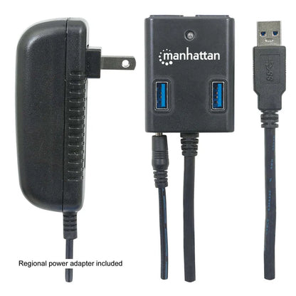 Hub Usb,manhattan,162302, V3.0  4 Ptos Con Fuente, Negro