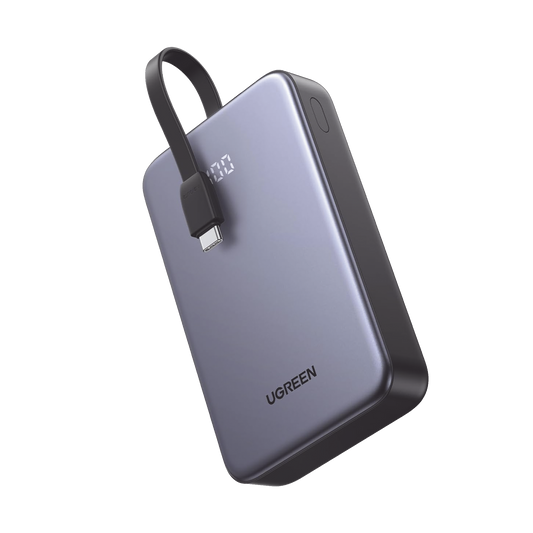 Power Bank Portatil | 2000mAh (74Wh) | 30W | Con Cable USB-C Incorporado | 2 Salidas 22,5W | Pantalla Inteligente | Multiple Proteccion | Aprobado por Aerolíneas | Color Grey.