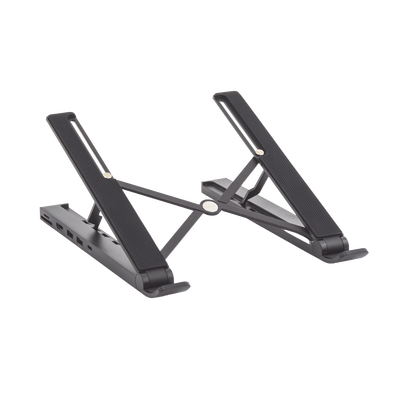 Hub (docking Station) 5 En 1 Con Soporte Para Laptop | 2 Usb 3.0 A 5gbps | Hdmi 4k@30hz | Memoria Micro Sd (tf) + Sd | Amplia Compatibilidad De 10-15" | Ajuste De Altura | Aluminio | Pc+abs | Silicona | Color Negro.