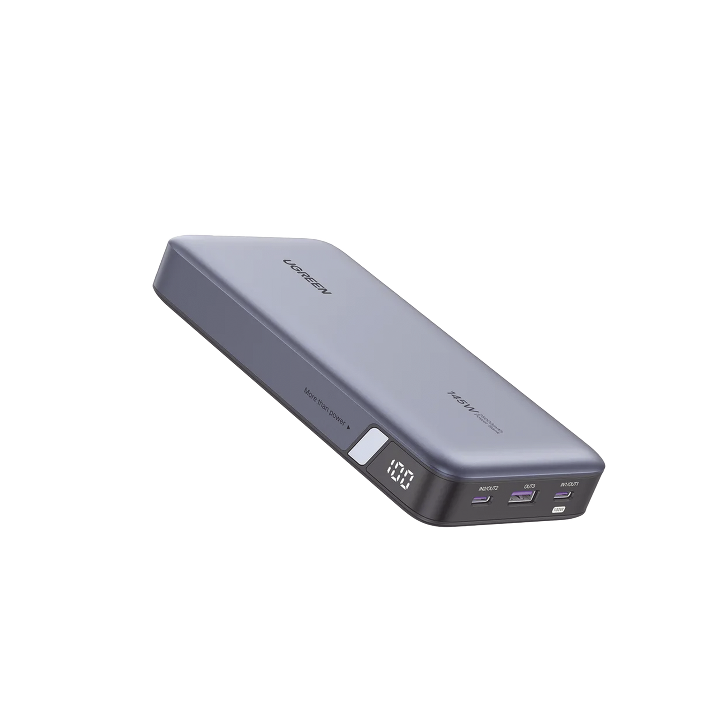 Power Bank de 25000mAh | 3 Salidas 145W Max. | USB-A + 2 USB-C | PD 3.0, QC3.0 | FCP | SCP | Pantalla Inteligente | Carcasa Ignifuga | Color Gris | Incluye Cable USB de 50cm | Carga tu Laptop de Manera Segura.