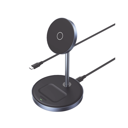 Soporte de Carga Inalámbrica | 3 en 1 | Compatible con MagSafe | Perfecto para iPhone y  AirPods | Carga Rápida Adaptativa /Simultanea | Múltiples Protecciones | Luz Indicadora LED | Aleación de Aluminio | Incluye Cable