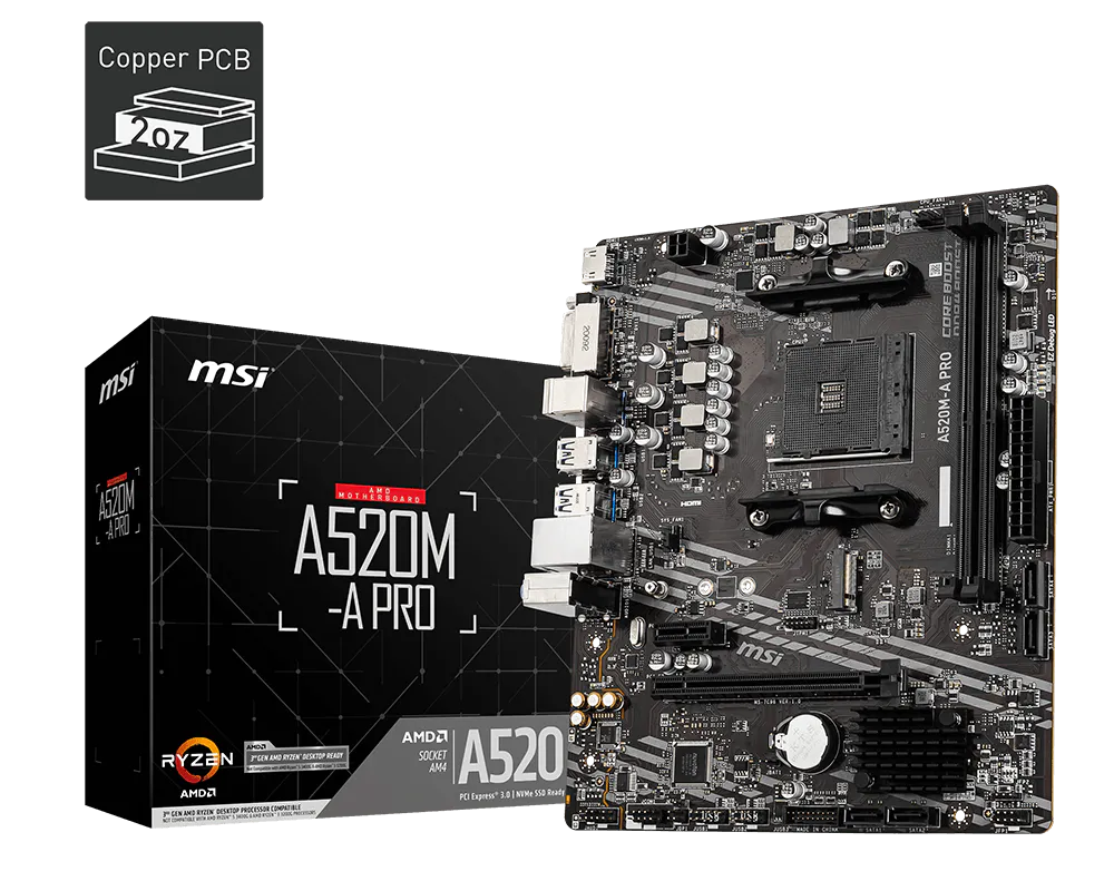 Mb Msi A520 Amd S-am4 3a Gen/2xddr4 3200/hdmi/dvi/4xusb 3.2/m.2/micro Atx/gama Basica