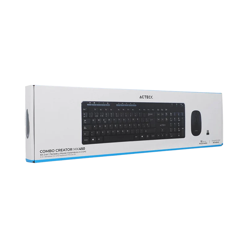 Kit Acteck Creator Mk450 / Teclado Y Mouse / Inalambrico / Receptor Usb / 105 Teclas / Multimedia / EspaÑol / Win- Linux / Membrana / Optico / 1200 Dpi / 2 Botones Scroll / Negro / Ac-931748
