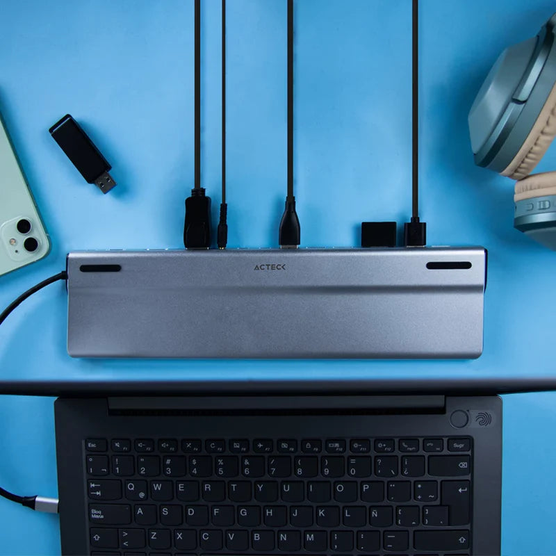 Docking Station Hub Acteck Port X Dh690 / Usb C / 14 Puertos / 5x Usb A - 2x Usb C - Hdmi - Vga - Rj45 - 3.5 Mm - Sd - Micro Sd / Negro / Ac-932950