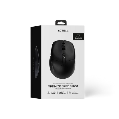 Mouse Acteck Optimize Ergo Mi680 / Inalambrico / Dual / Receptor Usb - Bluetooth / Laser / 1600 Dpi / Negro / Ac-934077