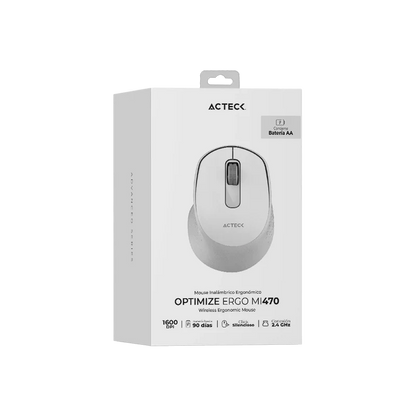 Mouse Acteck Optimize Ergo Mi470 / Inalambrico / Receptor Usb / Optico / 1600 Dpi Ajustable / 2 Botones Scroll / Ergonomico / Click Silencioso / Win Mac / Blanco / Ac-934152