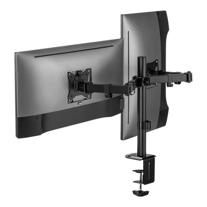 Soporte Doble Para Monitor Acteck Enforce Zone Sm490 / Soporte Vesa  / Fijacion Por Prensa Mecanica / Max 9 Kg Por Brazo / Atornillado / Rotacion 180° / Inclinacion 45° / Negro / Ac-934602