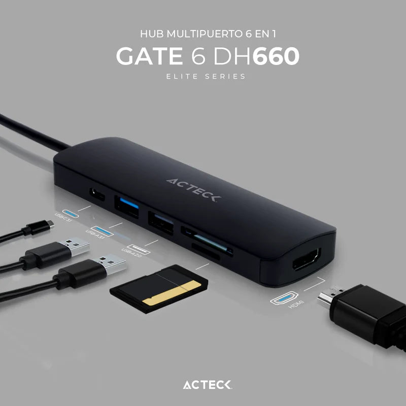 Hub Acteck Gate 6 Dh660 / Usb C / 5 Puertos / Usb C - 2x Usb A - Lector De Memorias - Hdmi / 15 Cm / Negro / Ac-934619