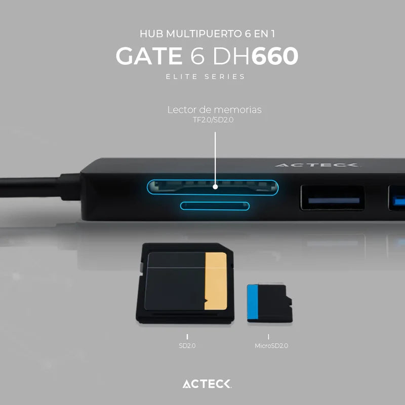 Hub Acteck Gate 6 Dh660 / Usb C / 5 Puertos / Usb C - 2x Usb A - Lector De Memorias - Hdmi / 15 Cm / Negro / Ac-934619