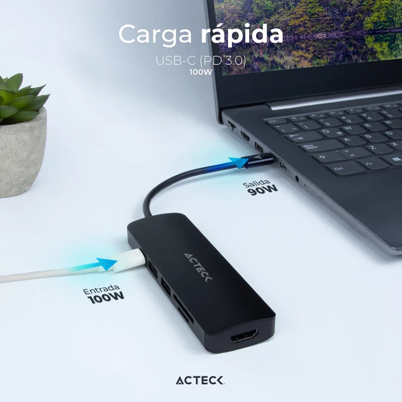 Hub Acteck Gate 6 Dh660 / Usb C / 5 Puertos / Usb C - 2x Usb A - Lector De Memorias - Hdmi / 15 Cm / Negro / Ac-934619