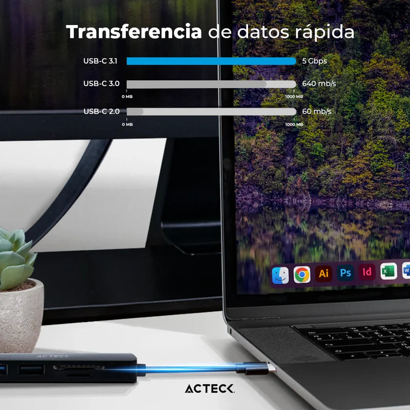Hub Acteck Gate 6 Dh660 / Usb C / 5 Puertos / Usb C - 2x Usb A - Lector De Memorias - Hdmi / 15 Cm / Negro / Ac-934619