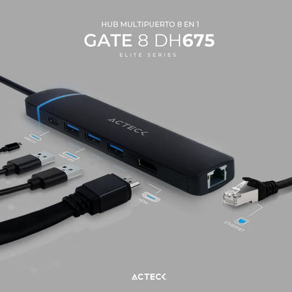 Hub Acteck Gate 8 Dh675 / Usb C / 7 Puertos / Usb C - 3x Usb A - Hdmi - Rj45 - Lector Sd/tf / 15 Cm / Negro / Ac-934626