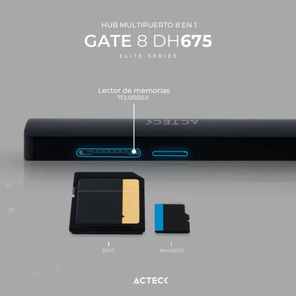 Hub Acteck Gate 8 Dh675 / Usb C / 7 Puertos / Usb C - 3x Usb A - Hdmi - Rj45 - Lector Sd/tf / 15 Cm / Negro / Ac-934626