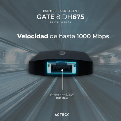 Hub Acteck Gate 8 Dh675 / Usb C / 7 Puertos / Usb C - 3x Usb A - Hdmi - Rj45 - Lector Sd/tf / 15 Cm / Negro / Ac-934626