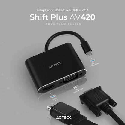 Adaptador Acteck Shift Plus Av420 / Usb C - Hdmi + Vga / 4k / 10 Cm / Negro / Ac-934657