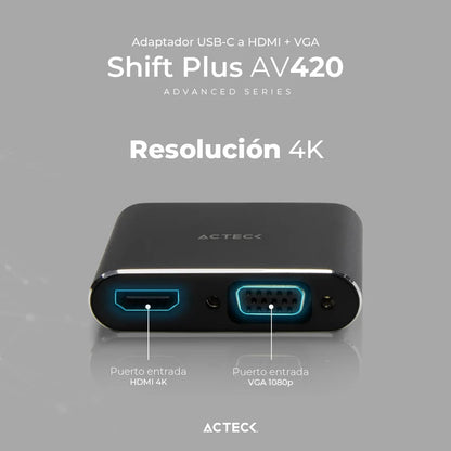 Adaptador Acteck Shift Plus Av420 / Usb C - Hdmi + Vga / 4k / 10 Cm / Negro / Ac-934657