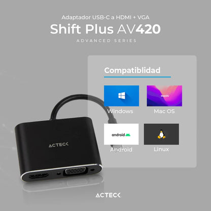 Adaptador Acteck Shift Plus Av420 / Usb C - Hdmi + Vga / 4k / 10 Cm / Negro / Ac-934657