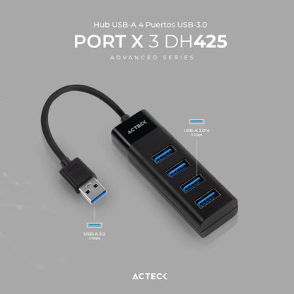 Hub Acteck Port X 3 Dh425 / Usb A / 4 Puertos Usb 3.0 / 30 Cm / Negro / Ac-934664