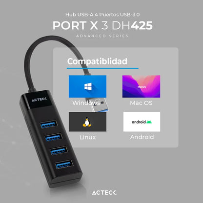 Hub Acteck Port X 3 Dh425 / Usb A / 4 Puertos Usb 3.0 / 30 Cm / Negro / Ac-934664