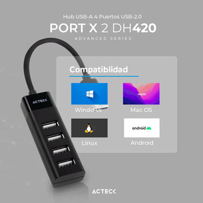 Hub Acteck Port X 2 Dh420 / Usb A / 4 Puertos Usb 2.0 / 30 Cm / Negro / Ac-934671